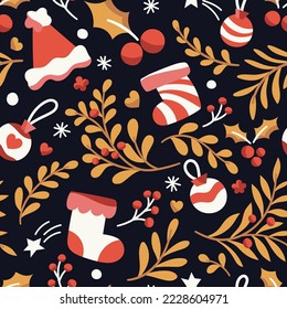 Vector Christmas seamless pattern. Hand drawn winter holiday illustration. Trendy repeat texture for fashion print, wallpaper or fabric.