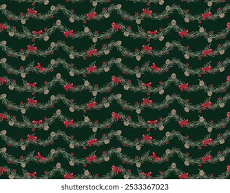 Vetor Natal padrão sem costura com mão desenhado decorações de Natal, Ornamento com Couqette Bows Vetor Ilustração Não Ai, Design para a moda, tecido, têxtil, papel de parede, envoltório 