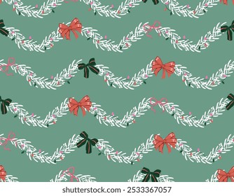 Vector Christmas seamless pattern with hand drawn Christmas decorations , Ornament with Couqette Bows Vector Illustration Not Ai ,Design for fashion , fabric, textile, wallpaper , wrapping