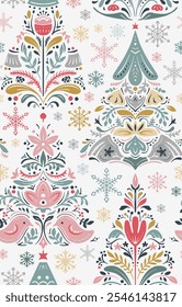 Vector Christmas seamless pattern with hand drawn Scandinavian folk ornament, Christmas trees, decorations. Vector endless background of new year symbols in modern graphic style.