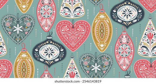 Vector Christmas seamless pattern with hand drawn Scandinavian folk ornament, animals, decorations. Vector endless background of new year symbols in modern graphic style.