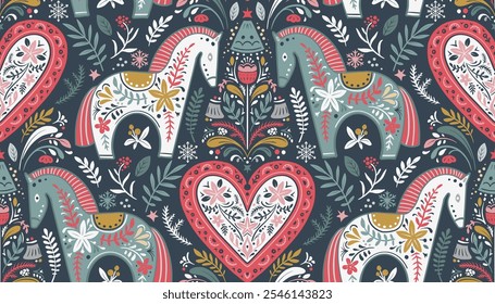 Vector Christmas seamless pattern with hand drawn Scandinavian folk ornament, animals, decorations. Vector endless background of new year symbols in modern graphic style.