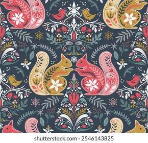 Vector Christmas seamless pattern with hand drawn Scandinavian folk ornament, animals, decorations. Vector endless background of new year symbols in modern graphic style.