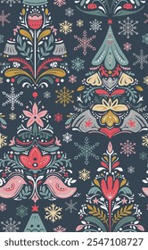 Vector Christmas seamless pattern with hand drawn Scandinavian folk ornament, Christmas trees, decorations. Vector endless background of new year symbols in modern graphic style.