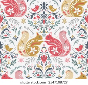 Vector Christmas seamless pattern with hand drawn Scandinavian folk ornament, animals, decorations. Vector endless background of new year symbols in modern graphic style.