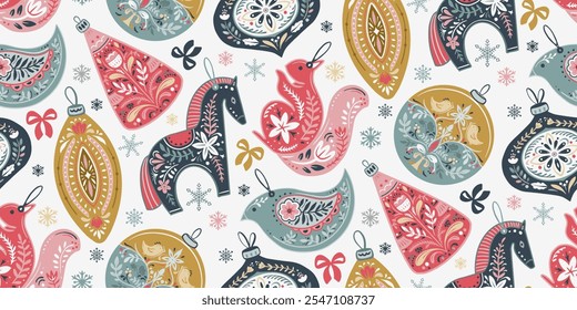 Vector Christmas seamless pattern with hand drawn Scandinavian folk ornament, animals, decorations. Vector endless background of new year symbols in modern graphic style.