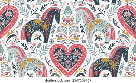 Vector Christmas seamless pattern with hand drawn Scandinavian folk ornament, animals, decorations. Vector endless background of new year symbols in modern graphic style.