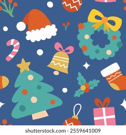 Vector Christmas seamless pattern. Hand drawn winter holiday illustration. Trendy repeat texture for fashion print, wallpaper or fabric.