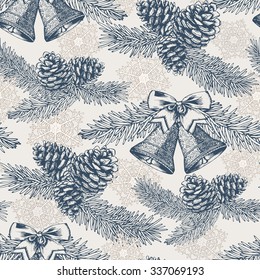 Vector Christmas seamless pattern with hand drawn fir tree, fir cones, bells. Christmas decorations in vintage style.