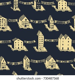 Vector christmas seamless pattern with hand drawn houses and ornaments. Can be printed and used as wrapping paper, wallpaper, textile, card. EPS 10