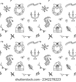 Vector Christmas seamless pattern. Happy Winter Holiday background. Doodle outline New Year ornamen