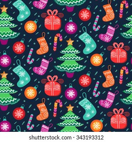Vector Christmas seamless pattern. Happy Holidays ornament illustration. Colorful New Year endless texture background. Nativity elements.