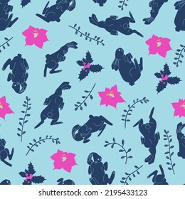 Vector Christmas seamless pattern with hares in various poses. Symbol of 2023, poinsettia plants and flowers, holly berries. Trendy background for design, t-shirt prints, wallpapers.