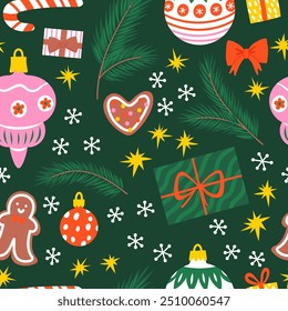 Vector christmas seamless pattern with holiday elements as gifts, christmas tree ornaments, candy cane, snowflakes. Repeated holiday background