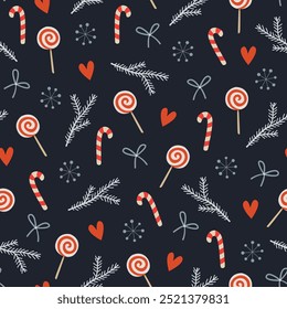 Vector Christmas seamless pattern with holiday elements such as lollipops, candy canes, hearts, snowflakes, bows, pine branches.