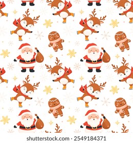 vector, christmas, seamless, pattern, holiday, santa, gift, cartoon, season, cute, claus, merry, tree, snowflake, snowmen, deer, present, background, year, red, decoration, funny, greeting, happy, wal