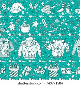 Vector Christmas Seamless pattern. Holiday Xmas background. Ugly Christmas Sweater Party. Hand Drawn Doodle clothes, gifts boxes, sweets, gingerbread cookies, mulled wine, spice, snowball