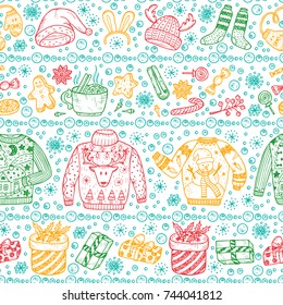 Vector Christmas Seamless pattern. Holiday Xmas background. Ugly Christmas Sweater Party. Hand Drawn Doodle clothes, gifts boxes, sweets, gingerbread cookies, mulled wine, spice, snowball