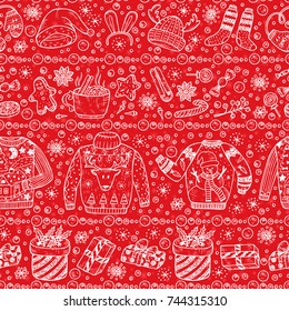 Vector Christmas Seamless pattern. Holiday Xmas background. Ugly Christmas Sweater Party. Hand Drawn Doodle clothes, gifts boxes, sweets, gingerbread cookies, mulled wine, spice, snowball