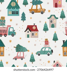 Vector Christmas seamless pattern with houses, cars and gifts. Perfect for Christmas paper, fabric and gift designs