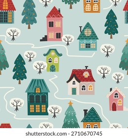 Navidades de Vector sin patrón con casas sobre un fondo azul claro. Perfecto para Navidades de papel, tela y diseños de regalo