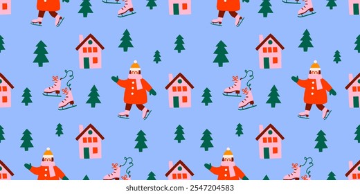 Vector Christmas seamless pattern with ice skating girl, houses, trees. Wrapping paper design for winter holidays