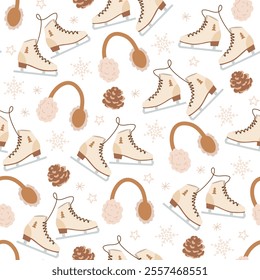 Vector Christmas seamless pattern with ice skates, warm headphones, cones, snowflakes and another decorative elements.