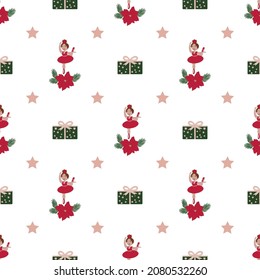 vector Christmas seamless pattern with the image of a ballerina and gifts