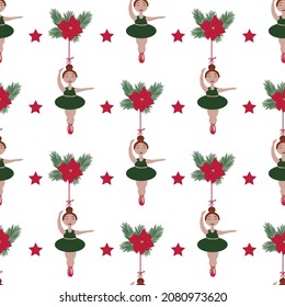 vector Christmas seamless pattern with the image of a ballerina and other decor on a white background