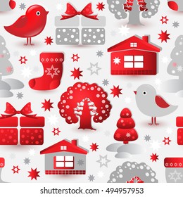 Vector Christmas seamless pattern. Include tree, house, bird, gift, sock and snowflake.