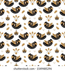 Vector Christmas seamless pattern with mistletoe  and birds in Scandinavian style. Perfect for invitation, wrapping paper and Christmas decoration.