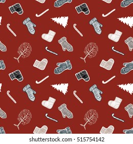 Vector Christmas seamless pattern with mittens, socks, Christmas trees, trees and candy