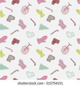 Vector Christmas seamless pattern with mittens, socks, Christmas trees, trees and candy