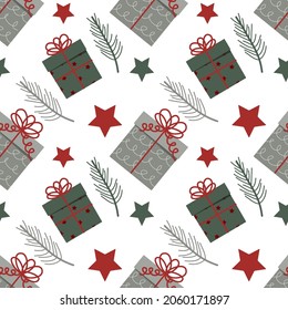 Vector christmas seamless pattern with new year decorations stars, gift box, fir, text Merry Christmas in  Scandinavian style for fabrics, paper, textile, gift wrap isolated on white background