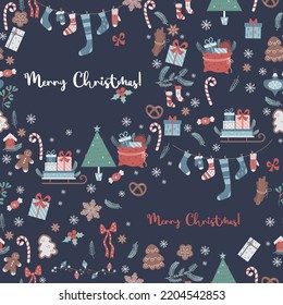 Vector Christmas seamless pattern. New Years decor, gingerbread, tree, sleigh, gifts, socks, holiday decor on blue background. Winter pattern for decor, design, packaging and print