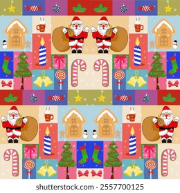 Vector Christmas seamless pattern. New Year's Eve postcard with Santa Claus, stars, Christmas tree, gift boxes, cookies, beautiful candles and snowflakes in colorful design