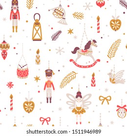 Vector Christmas seamless pattern with nutcracker, ballerina, soldier, rocking horse, horn, drum and Christmas ornaments. Vintage holiday repeated texture with New Year toys and decoration.