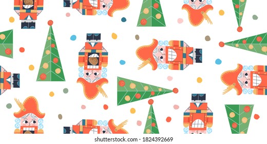 Vector Christmas seamless pattern with Nutcracker and Christmas tree.