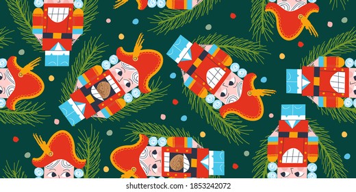 Vector Christmas seamless pattern with Nutcracker and Christmas tree.