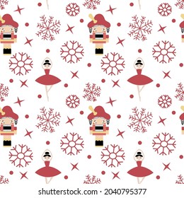 Vector christmas seamless pattern with Nutcracker and ballerina, snowflakes from a winter fairy tale herbs in vintage style for fabrics, paper, textile, gift wrap isolated on white background