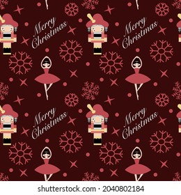 Vector christmas seamless pattern with Nutcracker and ballerina, snowflakes  for fabrics, paper, textile, gift wrap isolated on red background. Merry Christmas