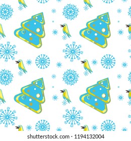 Vector Christmas seamless pattern on a white background a christmas tree, snowflakes and birds. Beautiful pattern for a gift wrapping paper, t-shirts, greeting cards 2019