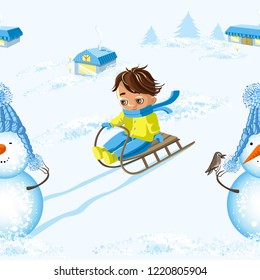 Vector Christmas seamless pattern on a blue background with winter landscape with Happy Boy ride a sled. Beautiful pattern for a gift wrapping paper, t-shirts, greeting cards 2019