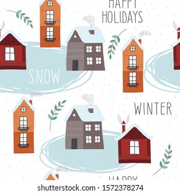 Vector Christmas seamless pattern on a white background. Beautiful design houses and winter lettering. Concept illustration for typography and printing on fabrics. Isolated vector.