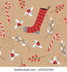 Vector Christmas seamless pattern on a craft background. Beautiful design holly, branches, Christmas sock, candy. Concept illustration for typography and printing on fabrics. Isolated vector.
