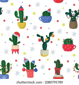 Vector Christmas seamless pattern on a white background. Colorful pattern of New Year's winter cacti, Christmas trees with garlands, snowflakes, Santa Claus hat, scarves and knitted hats, cactus