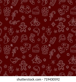 Vector Christmas seamless pattern with outline symbols of winter clothes and gingerbreads.