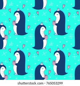 Vector Christmas seamless pattern with penguin. Hand drawn sketch with cute animal, hearts, present box and snowflakes