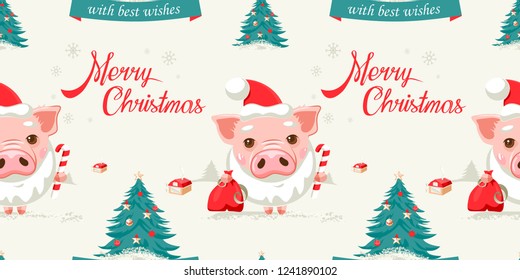 Vector Christmas seamless pattern with Pig, Santa Claus hat and beard