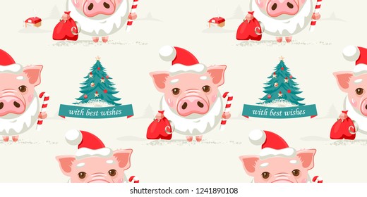 Vector Christmas seamless pattern with Pig, Santa Claus hat and beard
